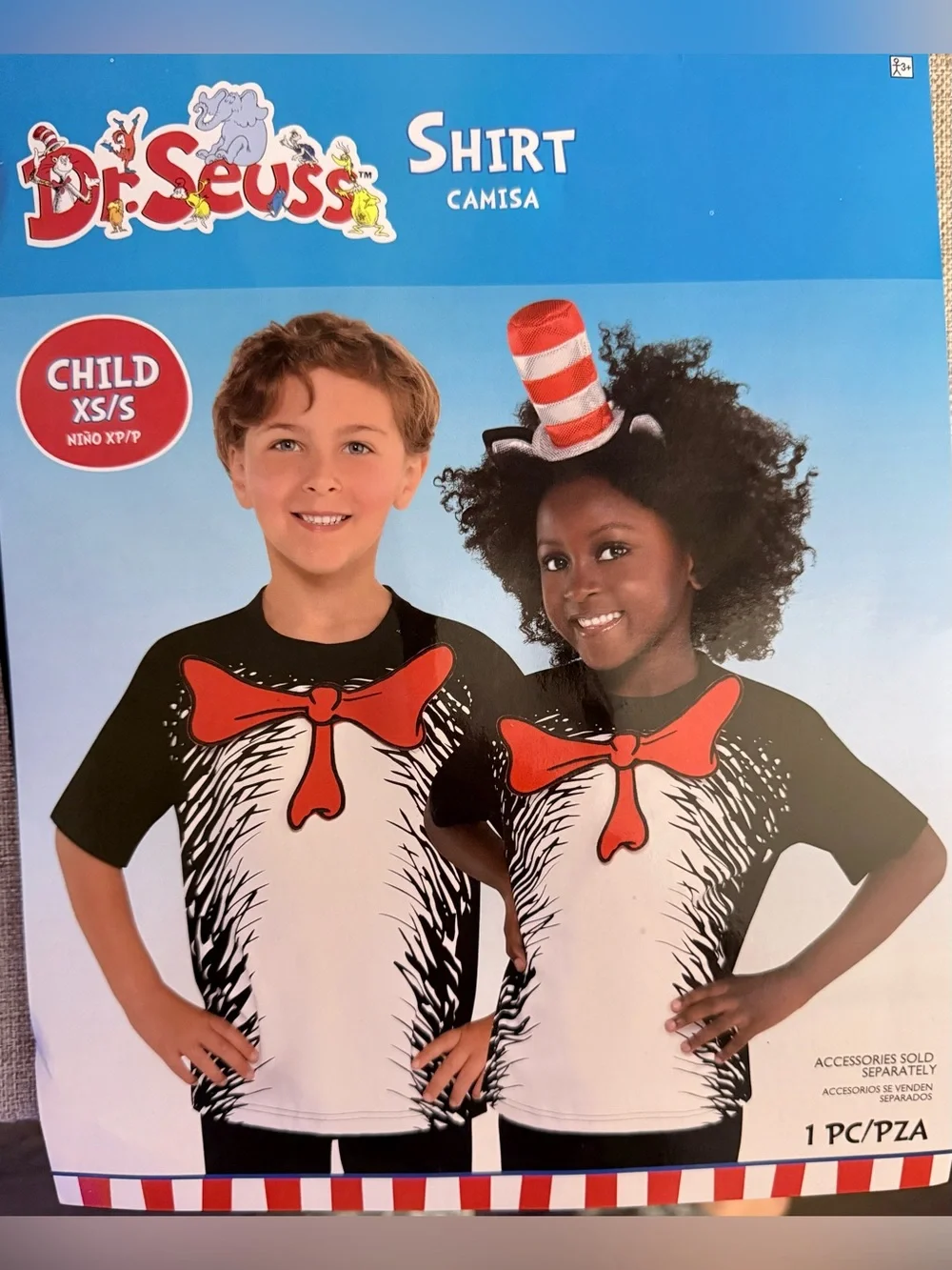 NWT Dr Seuss Cat in the Hat Shirt & Headband Set Kids XS/S Halloween Costume